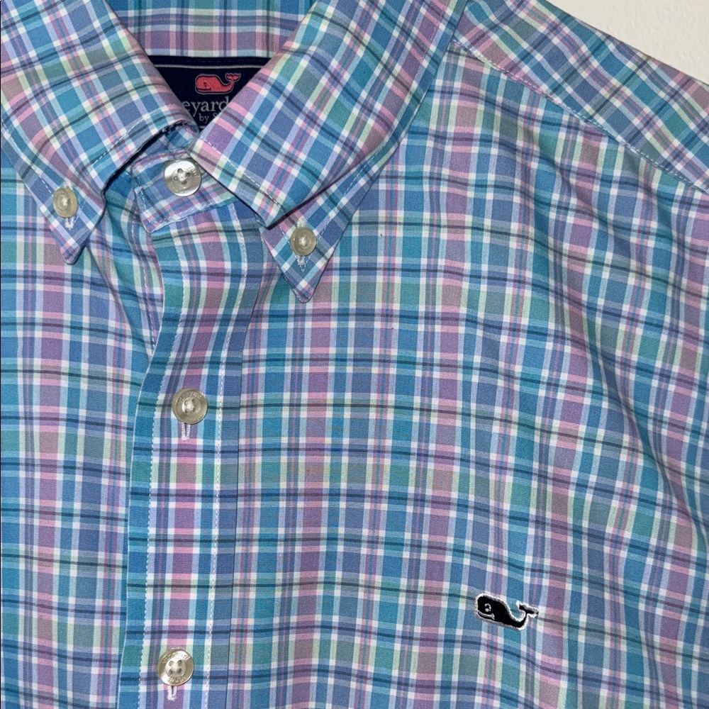 Vineyard Vines Teal, Blue & Pink Plaid Button-Down Shirt